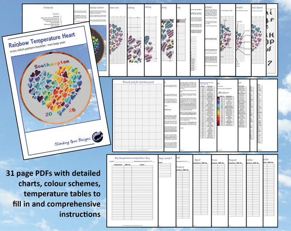 Rainbow Temperature Heart cross stitch pattern. 31 page PDFs with detailed charts, colour schemes, temperature tables to fill in and comprehensive instructions.