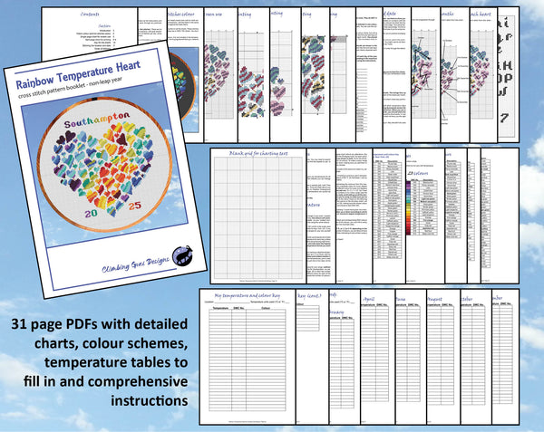 Rainbow Temperature Heart cross stitch pattern. 31 page PDFs with detailed charts, colour schemes, temperature tables to fill in and comprehensive instructions.