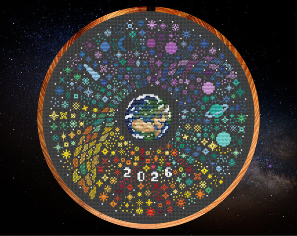 Rainbow Temperature Night Sky cross stitch pattern. Shown in 11 inch hoop on black fabric.