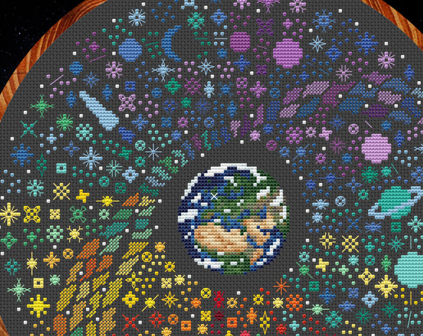 Rainbow Temperature Night Sky cross stitch pattern. Close up of upper left of design.