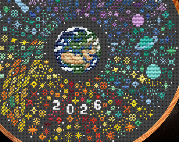 Rainbow Temperature Night Sky cross stitch pattern. Close up of lower right of design.