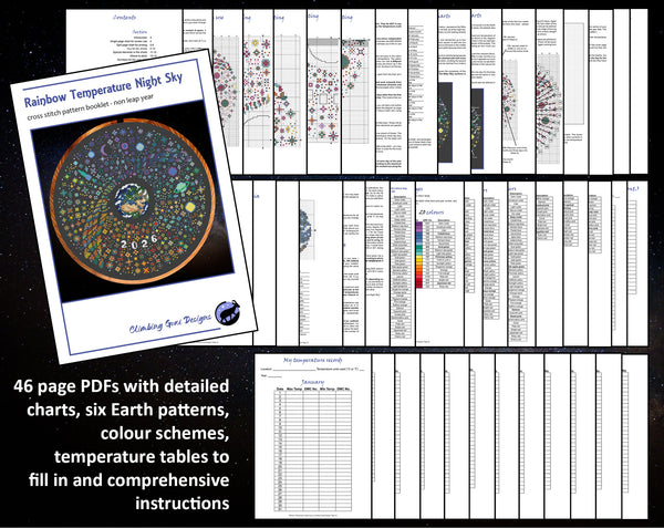 Rainbow Temperature Night Sky cross stitch pattern - maximum and minimum temperatures version. 46 page PDFs with detailed charts, six Earth patterns, colour schemes, temperature tables to fill in and comprehensive instructions