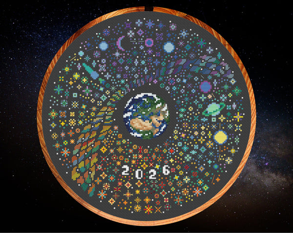 Rainbow Temperature Night Sky cross stitch pattern - maximum and minimum temperatures version. Shown in 11 inch hoop on black fabric.
