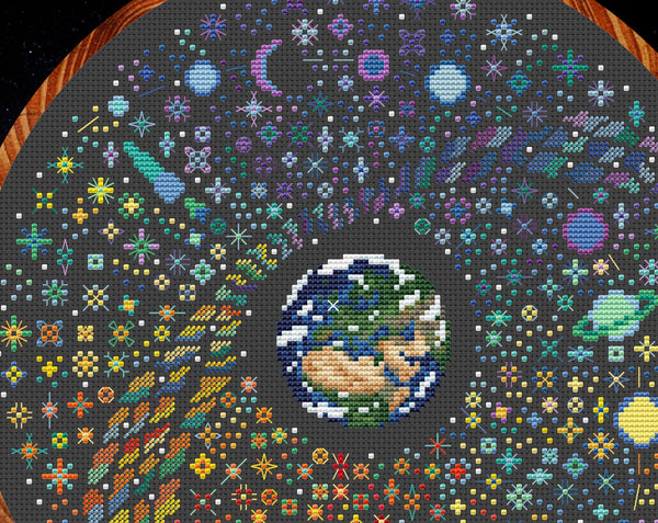 Rainbow Temperature Night Sky cross stitch pattern - maximum and minimum temperatures version. Close up of upper left of design.