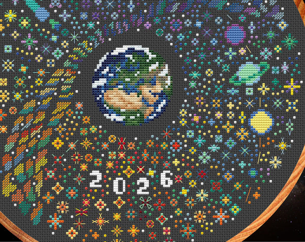 Rainbow Temperature Night Sky cross stitch pattern - maximum and minimum temperatures version. Close up of lower right of design.