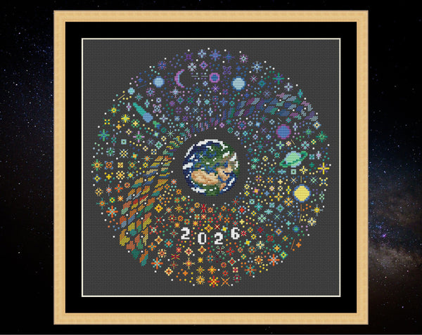 Rainbow Temperature Night Sky cross stitch pattern - maximum and minimum temperatures version. Shown in square frame on black fabric.