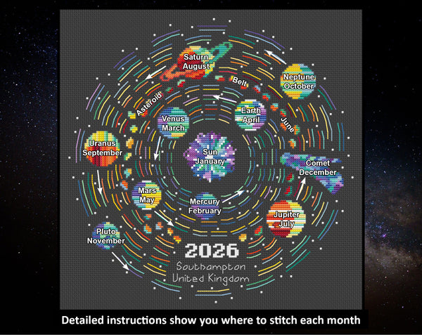 Rainbow Temperature Solar System cross stitch pattern - maximum and minimum temperatures version. Detailed instructions show you where to stitch each month.