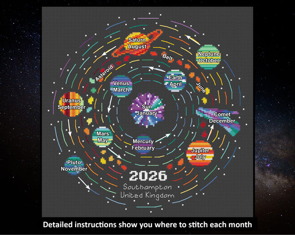 Rainbow Temperature Solar System cross stitch pattern. Detailed instructions show you where to stitch each month.