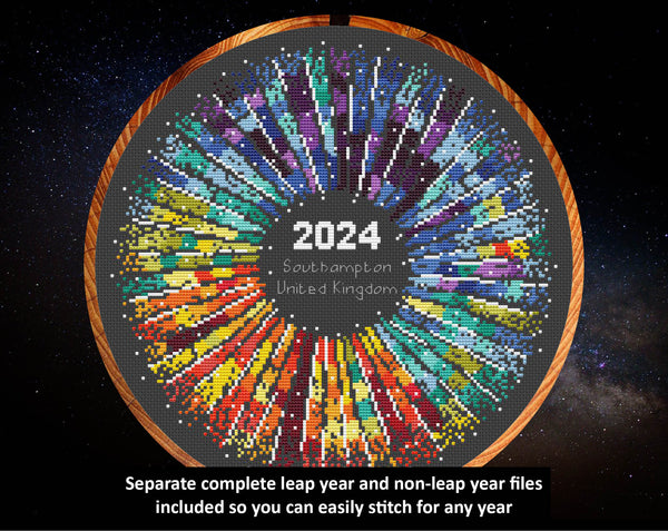 Rainbow Temperature Supernova cross stitch pattern. Separate complete leap year and non-leap year files included so you can easily stitch for any year.