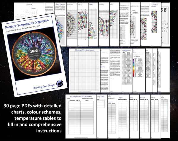 Rainbow Temperature Supernova cross stitch pattern. 30 page PDFs with detailed charts, colour schemes, temperature tables to fill in and comprehensive instructions.