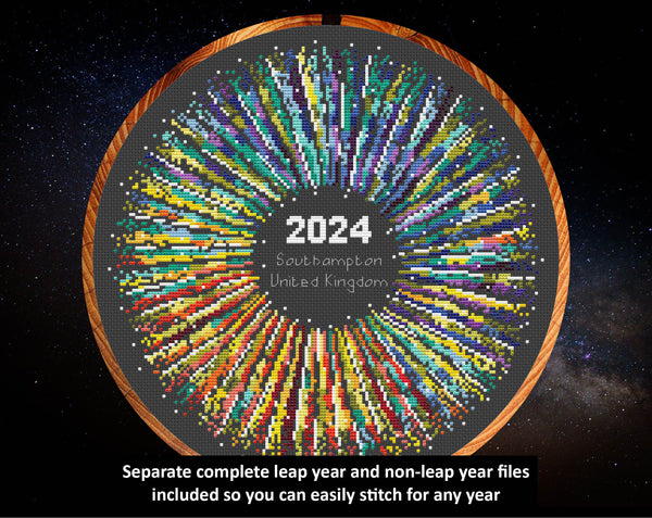 Rainbow Temperature Supernova cross stitch pattern – maximum and minimum temperatures version. Separate complete leap year and non-leap year files included so you can easily stitch for any year.
