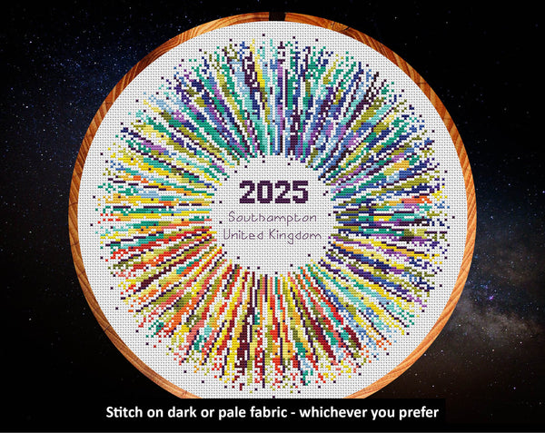 Rainbow Temperature Supernova cross stitch pattern - maximum and minimum temperatures version. Stitch on dark or pale fabric - whichever you prefer.