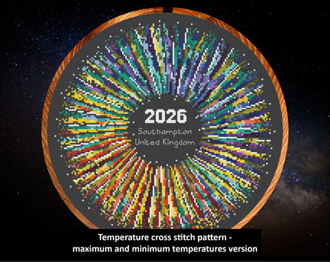 Rainbow Temperature Supernova cross stitch pattern - maximum and minimum temperatures version. Customise your piece for any year and for most places in the world.