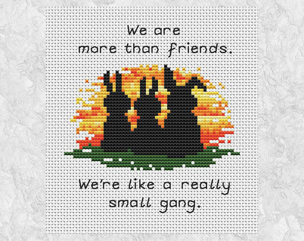 Really Small Gang Friendship cross stitch pattern. Three bunnies watching a sunset with the words 'We are more than friends. We're like a really small gang.' Shown without frame.