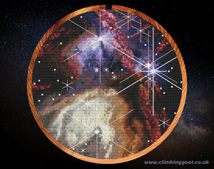 Rho Ophiuchi Cloud Complex cross stitch pattern based on the James Webb Space Telescope's first anniversary image. Shown in hoop.
