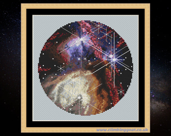 Rho Ophiuchi Cloud Complex cross stitch pattern based on the James Webb Space Telescope's first anniversary image. Shown in frame.
