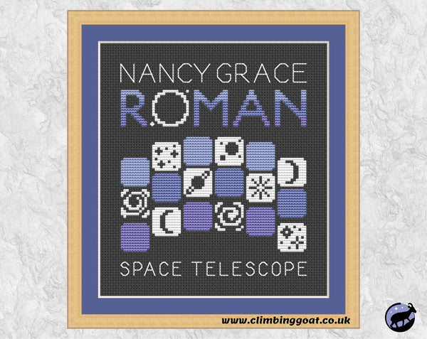 Nancy Grace Roman Space Telescope Logo cross stitch pattern. Shown in frame.
