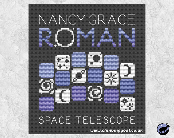 Nancy Grace Roman Space Telescope Logo cross stitch pattern. Shown without frame.
