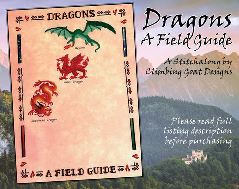 Dragons: A Field Guide. A Stitchalong by Climbing Goat Designs. Stitched image of first section featuring a Wyvern, Welsh Dragon and Japanese Dragon, and a detailed border.
