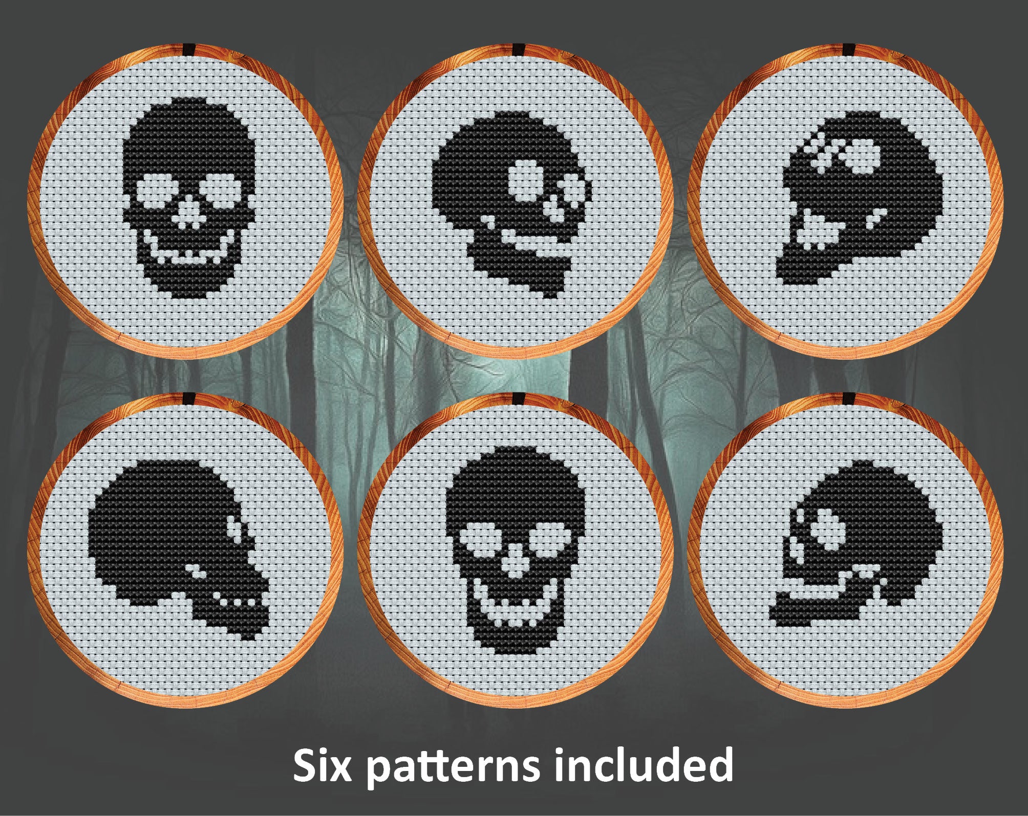 Skull Silhouettes cross stitch patterns. Six mini silhouettes of skulls stitched in black.