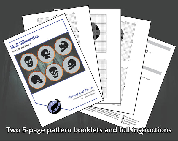 Skull Silhouettes cross stitch patterns. Two 5-page pattern booklets and full instructions.