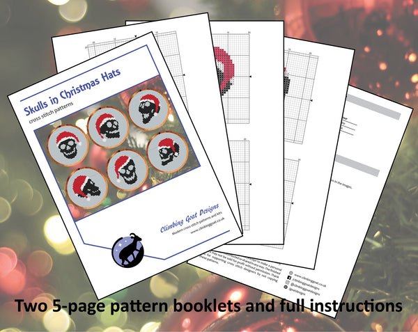 Skulls in Christmas Hats cross stitch pattern. Two 5-page booklets and full instructions.