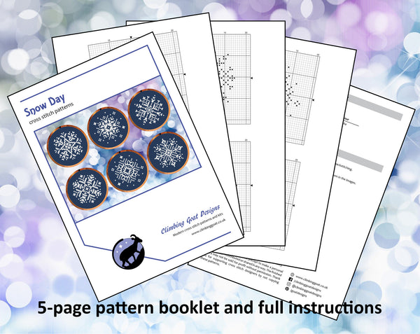 'Snow Day' - set of six mini snowflakes cross stitch patterns. 5-page pattern booklet and full instructions