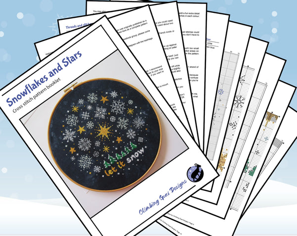 Snowflakes and Stars cross stitch pattern. Pages of PDF booklet.