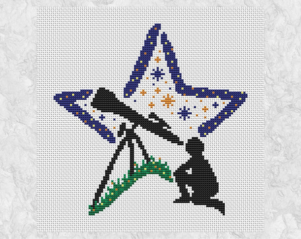 Stargazing Star cross stitch pattern. Silhouette of a person gazing through a telescope with a star shaped background. Shown without frame.