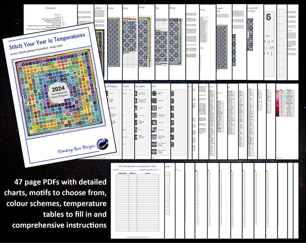 47 page PDFs with detailed charts, motifs to choose from, colour schemes, temperature tables to fill in and comprehensive instructions.