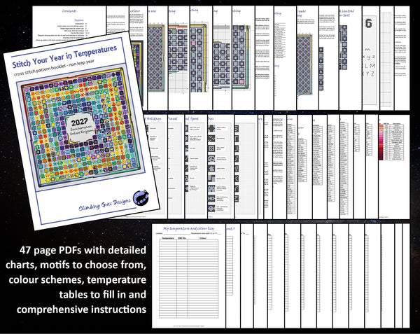 Stitch Your Year in Temperatures cross stitch pattern by Climbing Goat Designs. 47 page PDFs with detailed charts, motifs to choose from, colour schemes, temperature tables to fill in and comprehensive instructions.