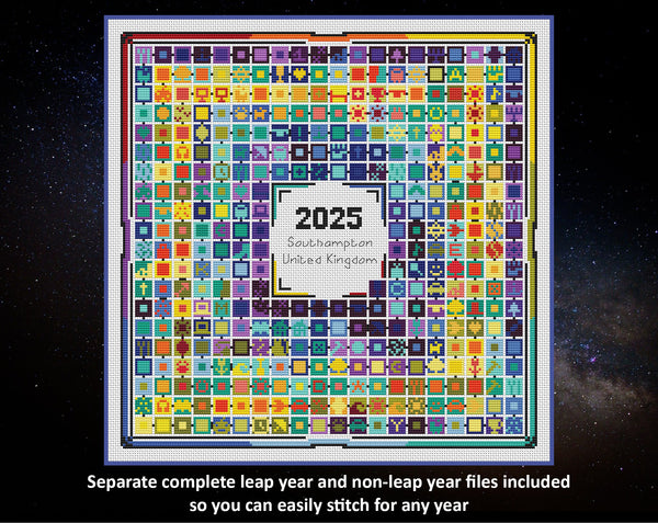 Separate complete leap year and non-leap year files included so you can easily stitch for any year.
