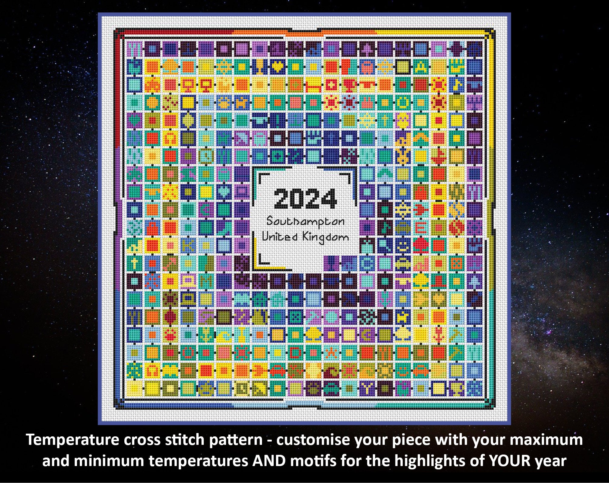 Stitch Your Year in Temperatures cross stitch pattern. Customise your piece with your maximum and minimum temperatures AND motifs for the highlight of YOUR year.