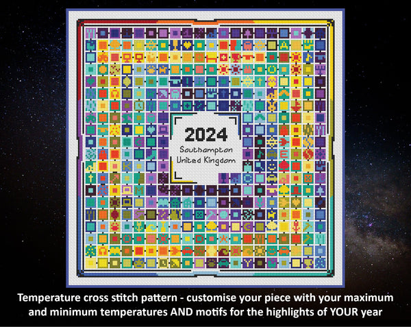 Stitch Your Year in Temperatures cross stitch pattern. Customise your piece with your maximum and minimum temperatures AND motifs for the highlight of YOUR year.