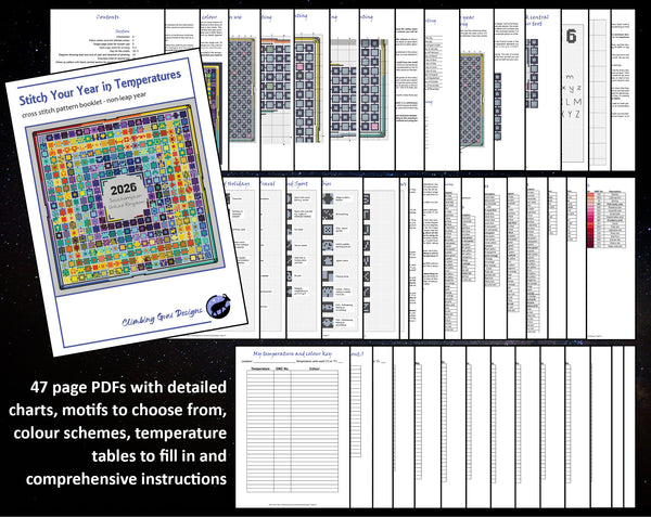 47 page PDFs with detailed charts, motifs to choose from, colour schemes, temperature tables to fill in and comprehensive instructions.