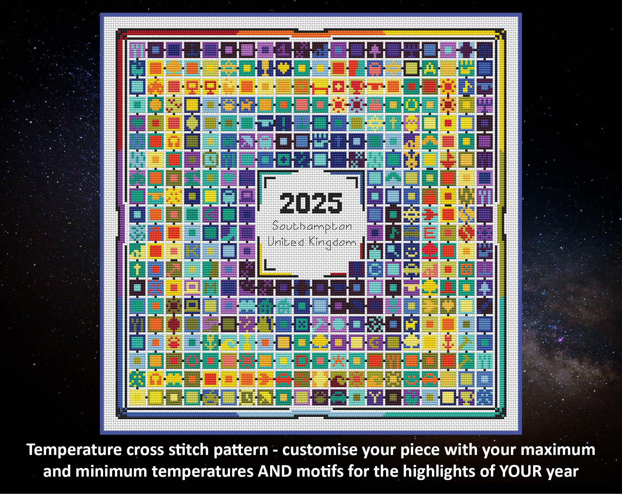 Stitch Your Year in Temperatures cross stitch pattern. Customise your piece with your maximum and minimum temperatures AND motifs for the highlight of YOUR year.