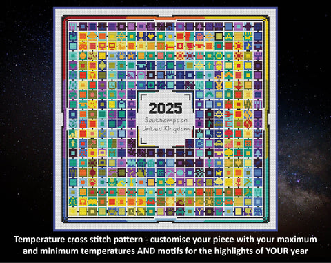 Stitch Your Year in Temperatures cross stitch pattern. Customise your piece with your maximum and minimum temperatures AND motifs for the highlight of YOUR year.