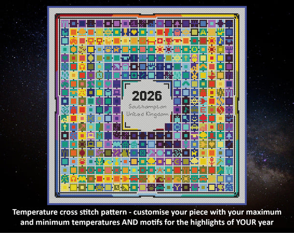 Stitch Your Year in Temperatures cross stitch pattern. Customise your piece with your maximum and minimum temperatures AND motifs for the highlight of YOUR year.