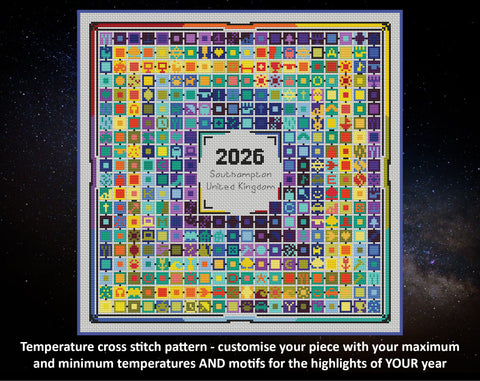 Stitch Your Year in Temperatures cross stitch pattern. Customise your piece with your maximum and minimum temperatures AND motifs for the highlight of YOUR year.