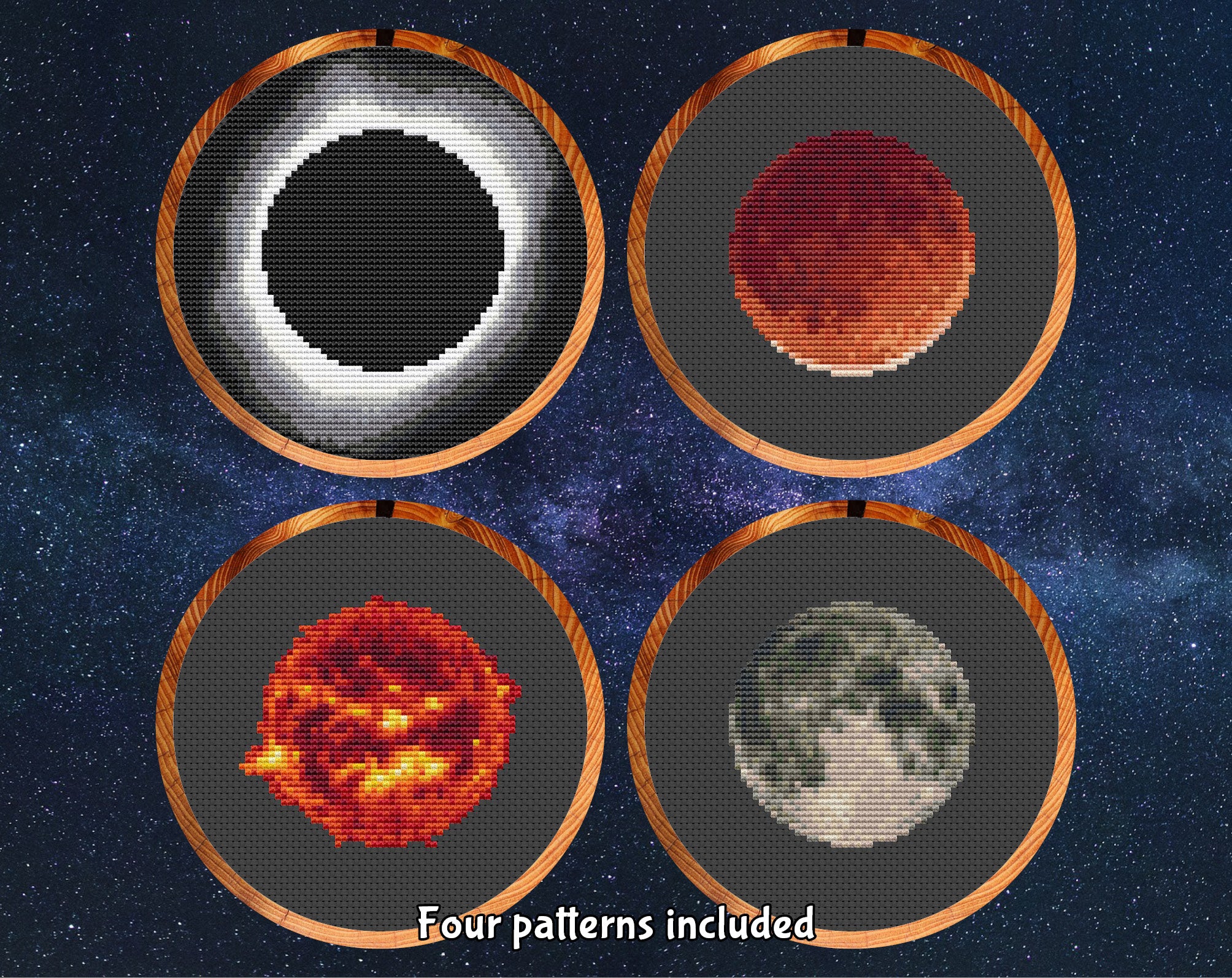 Cross stitch patterns of Solar Eclipse, Lunar Eclipse, Sun and Moon. Four patterns included in bundle.