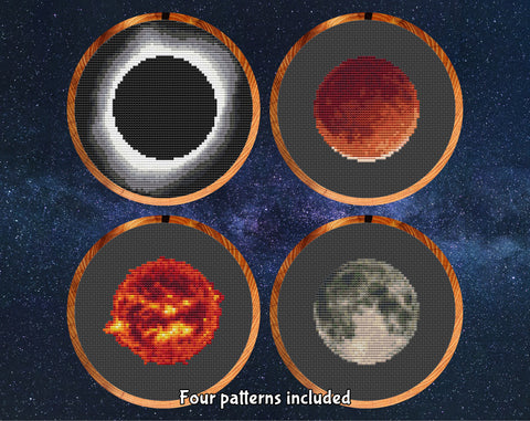 Cross stitch patterns of Solar Eclipse, Lunar Eclipse, Sun and Moon. Four patterns included in bundle.