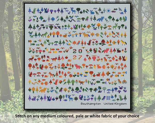 Temperature Forest Friends cross stitch pattern - maximum and minimum temperatures version. Stitch on any medium coloured, pale or white fabric of your choice.