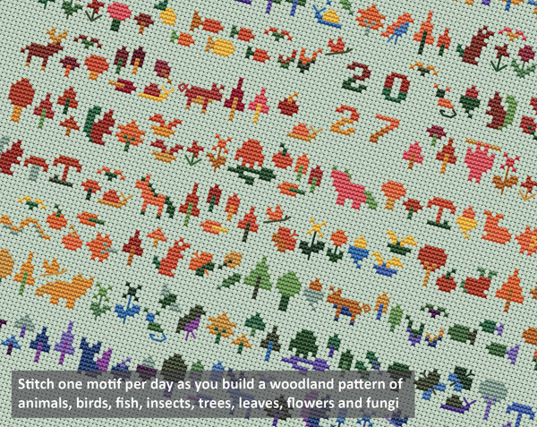 Temperature Forest Friends cross stitch pattern - maximum and minimum temperatures version. Stitch one motif per day as you build a woodland pattern of animals, birds, fish, insects, trees, leaves, flowers and fungi.