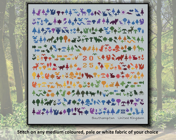 Temperature Forest Friends cross stitch pattern - maximum temperatures version. Stitch on any medium coloured, pale or white fabric of your choice.