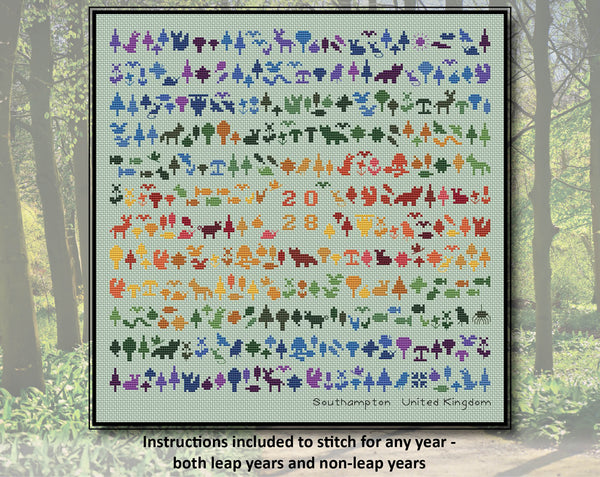Temperature Forest Friends cross stitch pattern - maximum temperatures version. Instructions included to stitch for any year - both leap years and non-leap years.