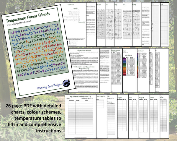 Temperature Forest Friends cross stitch pattern - maximum temperatures version. 26 page PDF with detailed charts, colour schemes, temperature tables to fill in and comprehensive instructions.