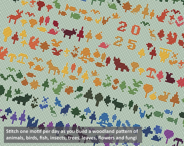 Temperature Forest Friends cross stitch pattern - maximum temperatures version. Stitch one motif per day as you build a woodland pattern of animals, birds, fish, insects, trees, leaves, flower and fungi.