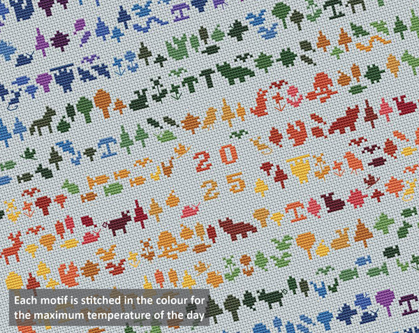 Temperature Forest Friends cross stitch pattern - maximum temperatures version. Each motif is stitched in the colour for the maximum temperature of the day.