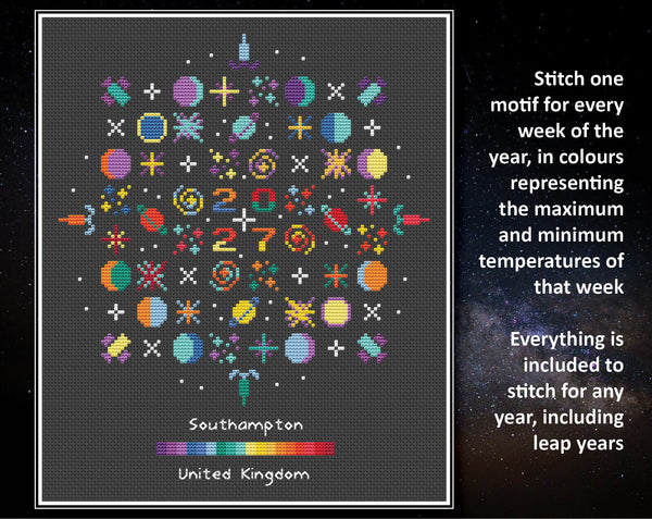 Temperature Galactic Voyage cross stitch pattern by Climbing Goat Designs. Stitch on motif for every week of the year, in colours representing the maximum and minimum temperatures of the week. Everything is included to stitch for any year, including leap years.