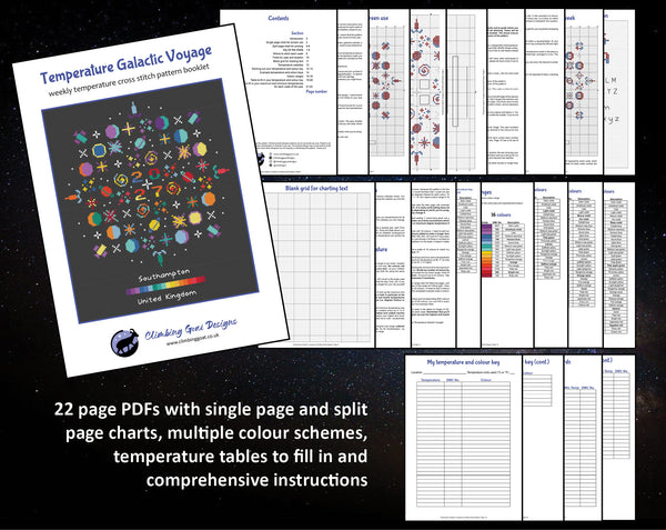 Temperature Galactic Voyage cross stitch pattern by Climbing Goat Designs. 22 page PDFs with single page and split page charts, multiple colour schemes, temperature tables to fill in and comprehensive instructions.